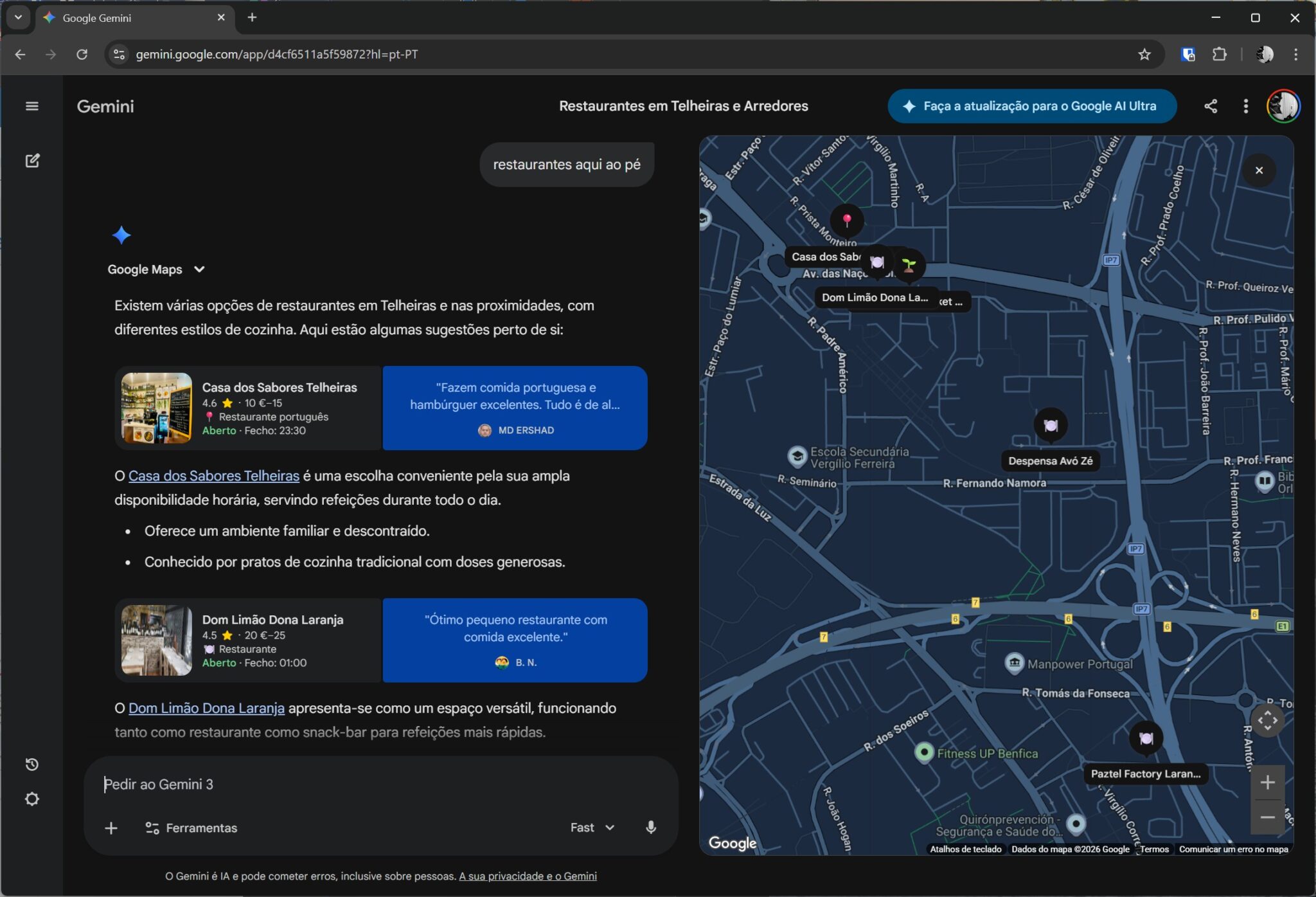 Screenshot of Google Gemini in dark mode: left panel shows restaurant options and descriptions, right panel displays a blue-tinted map with nearby restaurants marked on Telheiras.