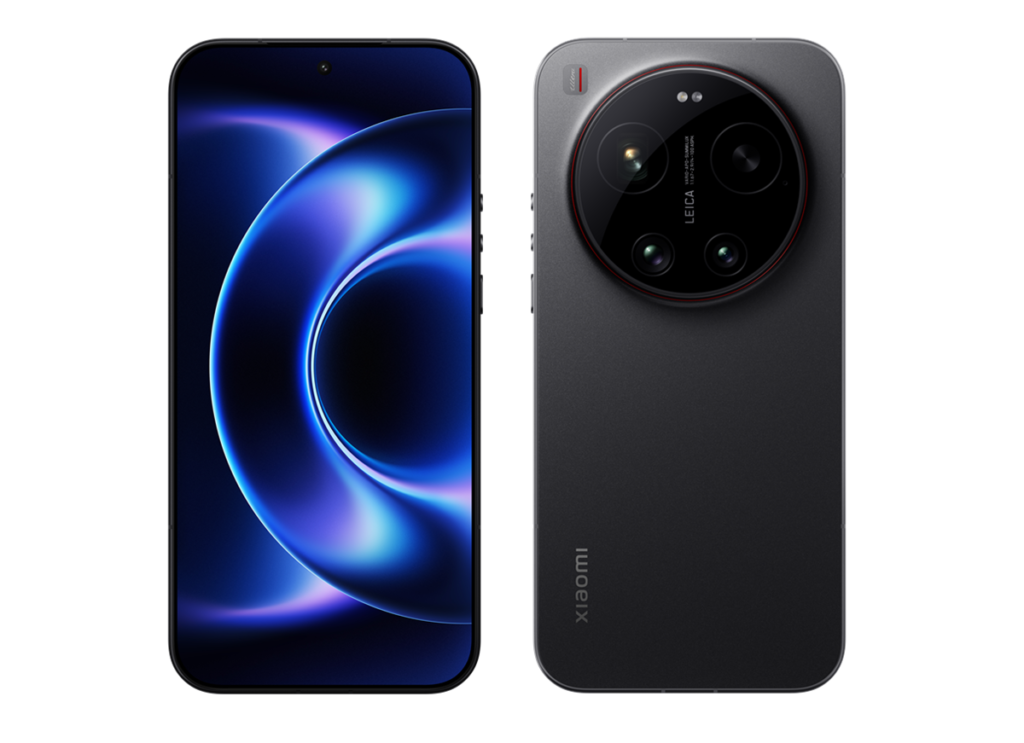 Front view of a black Xiaomi smartphone with a blue abstract wallpaper.