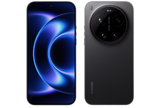 Front view of a black Xiaomi smartphone with a blue abstract wallpaper.