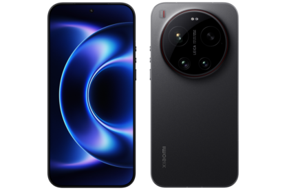 Front view of a black Xiaomi smartphone with a blue abstract wallpaper.