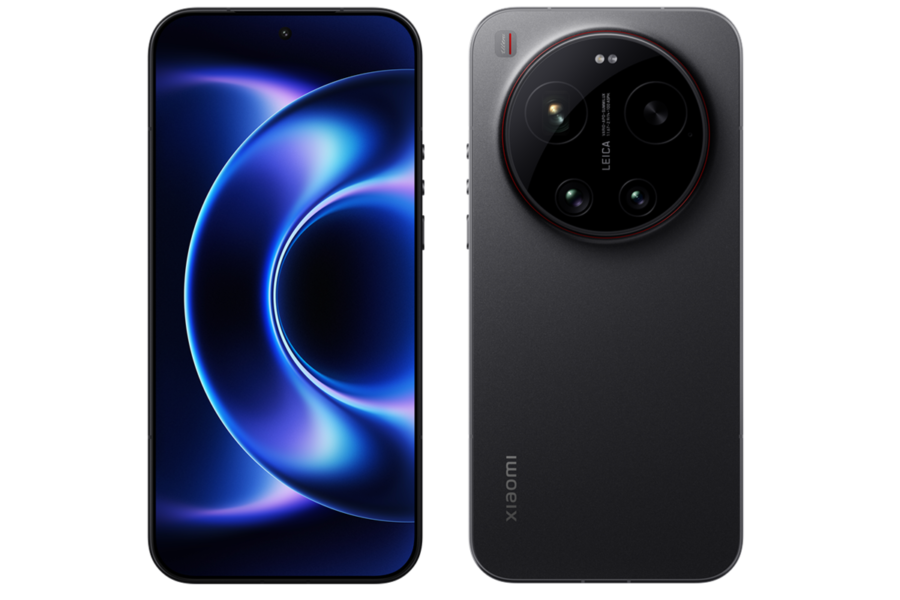 Front view of a black Xiaomi smartphone with a blue abstract wallpaper.