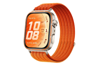 Smartwatch with a bright orange woven band and rounded rectangular display showing the time 10:08.
