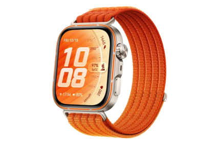 Smartwatch with a bright orange woven band and rounded rectangular display showing the time 10:08.