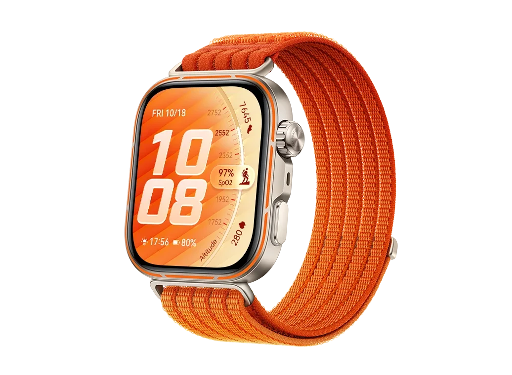 Smartwatch with a bright orange woven band and rounded rectangular display showing the time 10:08.