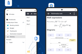 Two tablet screens showing a notes app: left screen with navigation menu and itinerary items, right screen displaying a multimedia note with math expressions and a diagram.