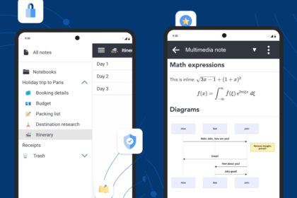 Two tablet screens showing a notes app: left screen with navigation menu and itinerary items, right screen displaying a multimedia note with math expressions and a diagram.