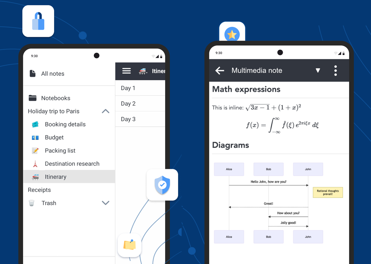 Two tablet screens showing a notes app: left screen with navigation menu and itinerary items, right screen displaying a multimedia note with math expressions and a diagram.