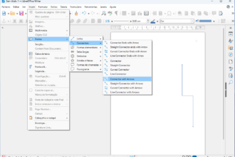 LibreOffice Writer interface showing the menu path Insert > Shape > Connectors > Connector with Arrows to add diagram arrows.
