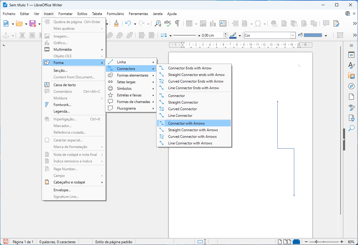 LibreOffice Writer interface showing the menu path Insert > Shape > Connectors > Connector with Arrows to add diagram arrows.