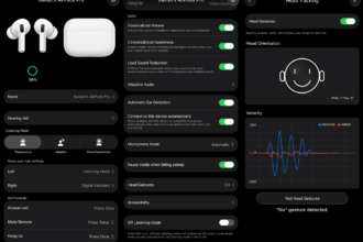 Three-column dark-mode iPhone screen showing AirPods Pro settings: left panel shows battery 96%, device name, Hearing Aid and Listening Mode options; middle panel lists Personalized Volume, Conversational Awareness, Loud Sound Reduction, Adaptive Audio, Automatic Ear Detection, Connect to this device, Microphone Mode, Pause media, Head Gestures; right panel shows Head Tracking with On, Head Orientation diagram, Velocity chart, Test Head Gestures button, and "No" gesture detected.