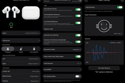 Three-column dark-mode iPhone screen showing AirPods Pro settings: left panel shows battery 96%, device name, Hearing Aid and Listening Mode options; middle panel lists Personalized Volume, Conversational Awareness, Loud Sound Reduction, Adaptive Audio, Automatic Ear Detection, Connect to this device, Microphone Mode, Pause media, Head Gestures; right panel shows Head Tracking with On, Head Orientation diagram, Velocity chart, Test Head Gestures button, and "No" gesture detected.