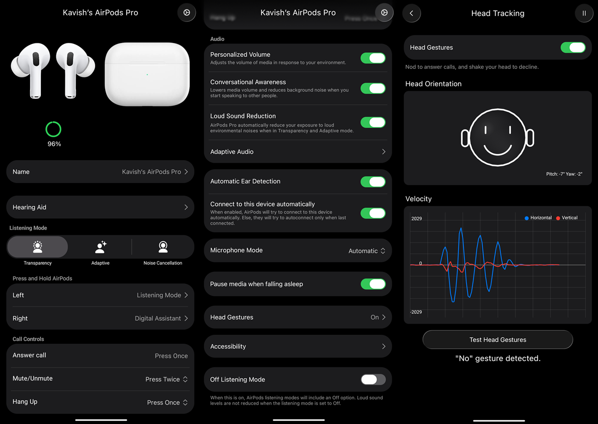Three-column dark-mode iPhone screen showing AirPods Pro settings: left panel shows battery 96%, device name, Hearing Aid and Listening Mode options; middle panel lists Personalized Volume, Conversational Awareness, Loud Sound Reduction, Adaptive Audio, Automatic Ear Detection, Connect to this device, Microphone Mode, Pause media, Head Gestures; right panel shows Head Tracking with On, Head Orientation diagram, Velocity chart, Test Head Gestures button, and "No" gesture detected.