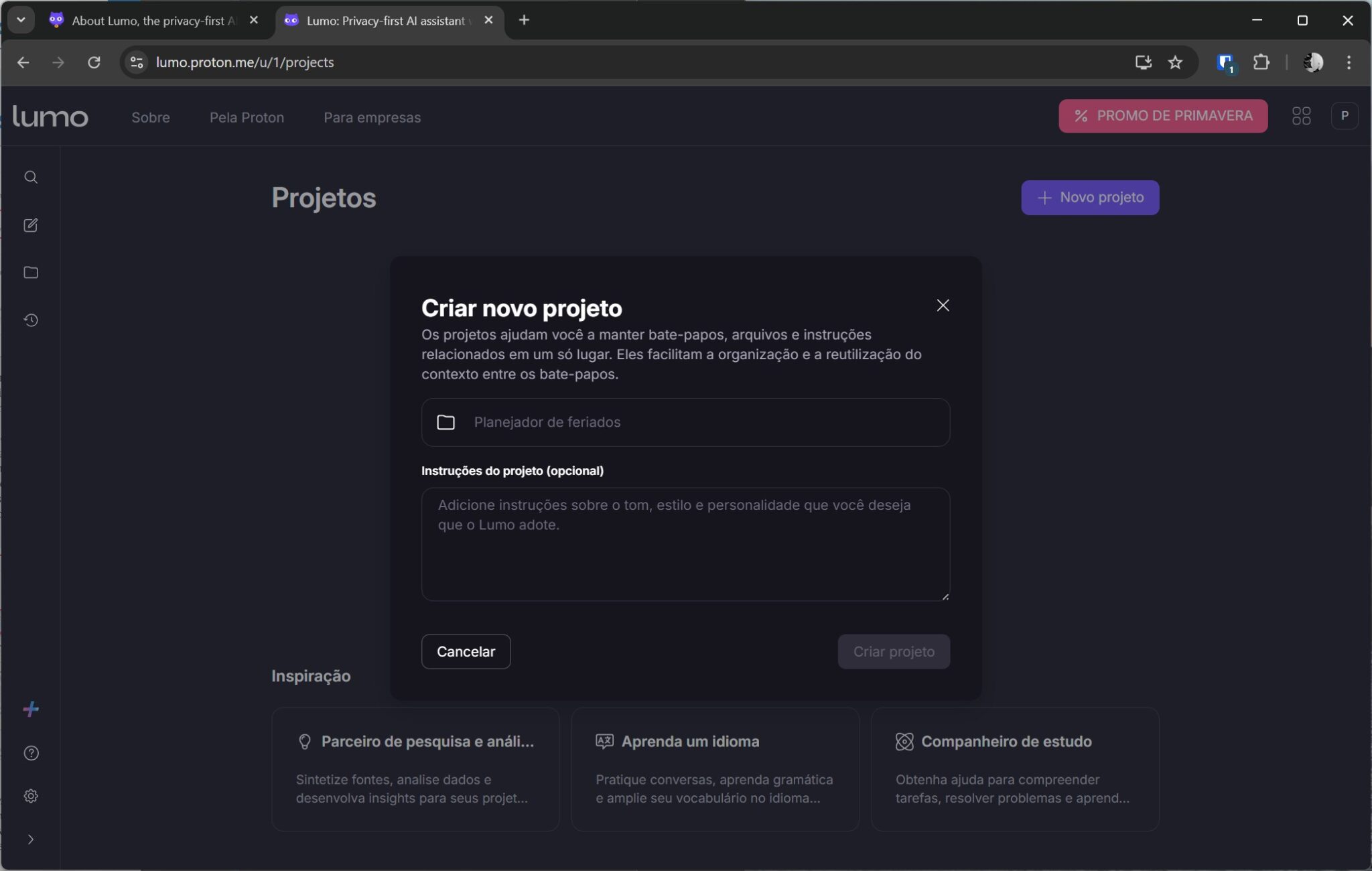 Tela de dashboard escuro do Lumo mostrando a seção Projetos e um modal 'Criar novo projeto' em destaque para adicionar informações do projeto (ex.: Planejador de feriados).