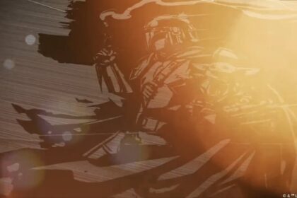 Warm, orange-toned cinematic background with soft lens flare and indistinct shapes suggesting motion or a silhouette.