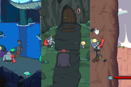 Pixel-art game scene with three panels: icy cavern, forest cave entrance, and cliffside with a hanging hero and a health bar, cursor nearby.