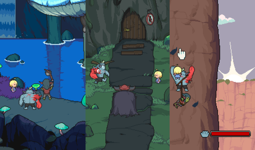 Pixel-art game scene with three panels: icy cavern, forest cave entrance, and cliffside with a hanging hero and a health bar, cursor nearby.