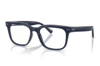 Navy blue rectangular eyeglasses with clear lenses resting on a reflective surface.