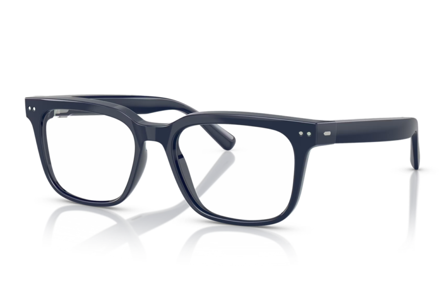 Navy blue rectangular eyeglasses with clear lenses resting on a reflective surface.
