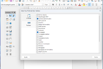 Screenshot of LibreOffice Writer with the 'Select Your Preferred User Interface' dialog open, showing UI Mode and Toolbars options with 'Formatação' checked.