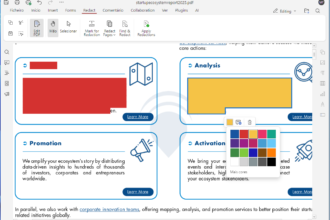 Infographic with four rounded panels around a central hub, labeled Analysis (yellow block), Promotion (megaphone), and Activation (rocket).