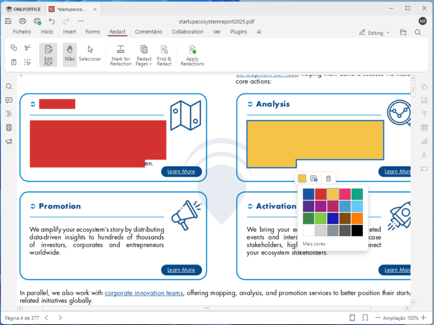 Infographic with four rounded panels around a central hub, labeled Analysis (yellow block), Promotion (megaphone), and Activation (rocket).
