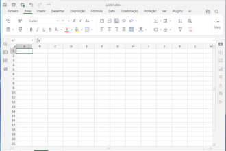 Screenshot of an empty spreadsheet workbook named Livro1.xlsx in a spreadsheet app (ONLYOFFICE) showing a grid of columns A–L and rows 1–21 with no data entered.