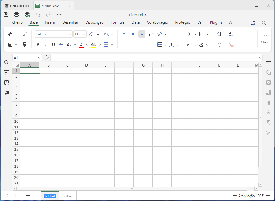 Screenshot of an empty spreadsheet workbook named Livro1.xlsx in a spreadsheet app (ONLYOFFICE) showing a grid of columns A–L and rows 1–21 with no data entered.
