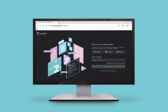 Desktop monitor on a teal background displaying the Penpot design tool login page with social login options (Google, GitHub, GitLab) and an email field.