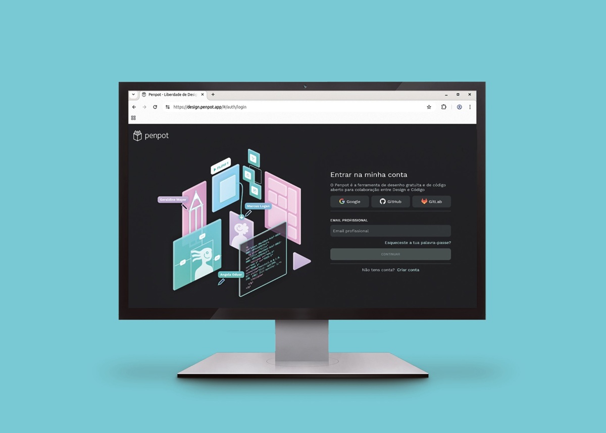 Desktop monitor on a teal background displaying the Penpot design tool login page with social login options (Google, GitHub, GitLab) and an email field.