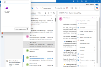 Outlook Web app: inbox list on the left, reading pane with an email titled 'CONVITE PGG - Alumni Networking' on the right, and a large search panel overlay at the top.