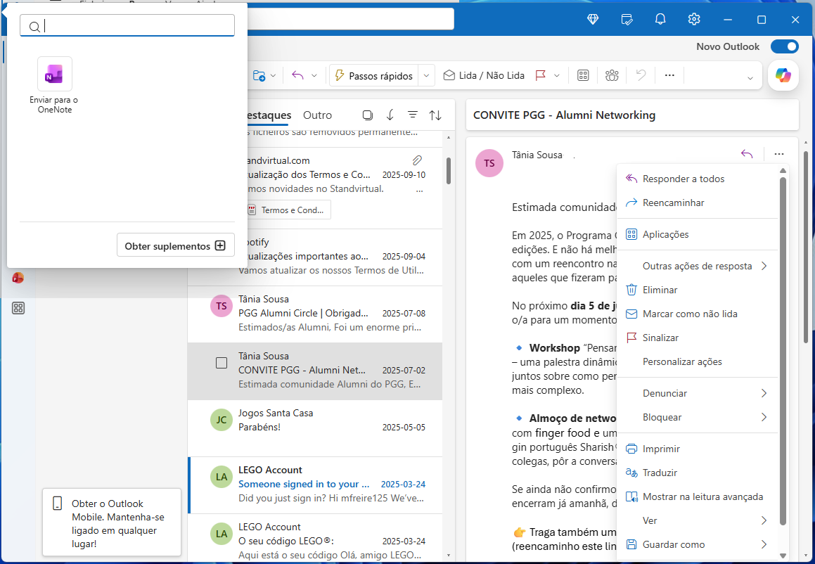 Enviar e-mails do Outlook para a sua conta do OneNote
