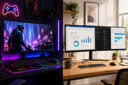 Split-screen workspace: left side shows a gaming setup with neon RGB lighting and a futuristic city game on the monitor; right side shows a productivity desk with dual monitors displaying charts and documents, plus a mug and plant on the desk.