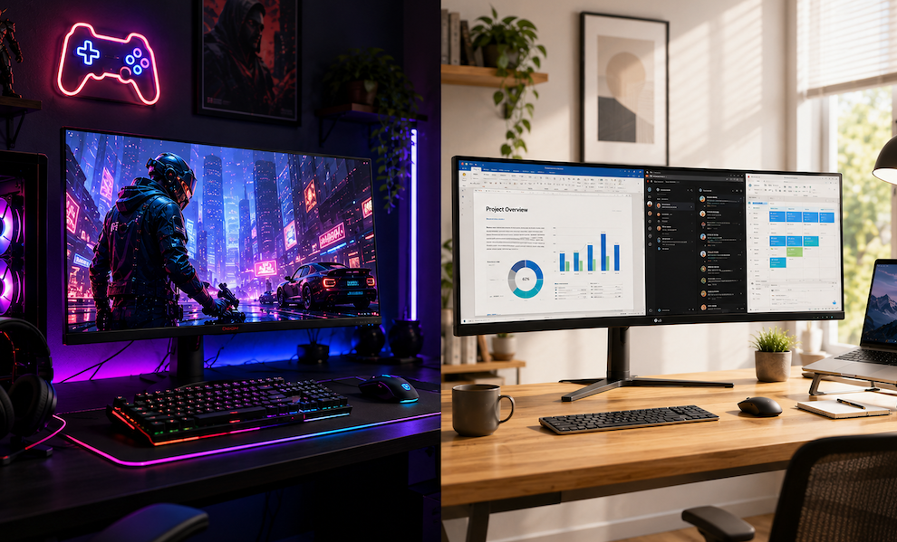 Split-screen workspace: left side shows a gaming setup with neon RGB lighting and a futuristic city game on the monitor; right side shows a productivity desk with dual monitors displaying charts and documents, plus a mug and plant on the desk.
