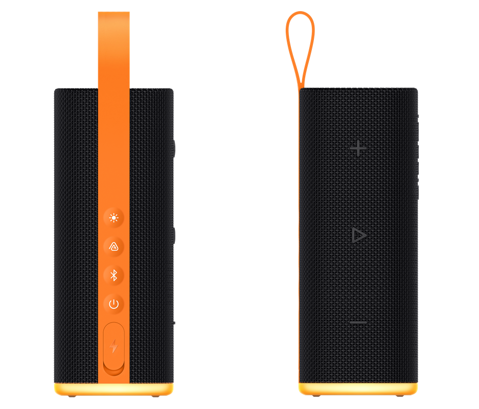 Portable wireless speaker with orange strap and base, front and side controls visible (volume, power, Bluetooth)
