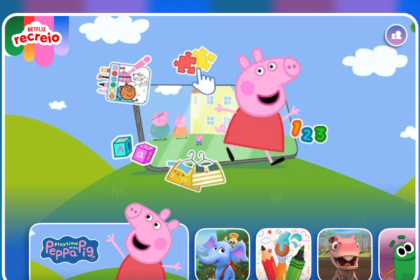 Peppa Pig-themed educational app home screen with Peppa on a hill and colorful learning icons at the bottom row.