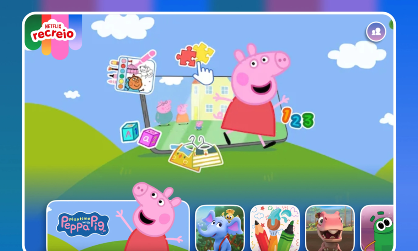 Peppa Pig-themed educational app home screen with Peppa on a hill and colorful learning icons at the bottom row.