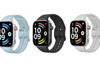 Three Apple Watch devices with blue, black, and white sport bands displayed side by side on a black background, each showing a colorful smartwatch face and digital time readout.
