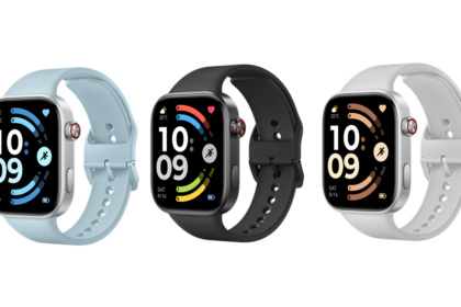 Three Apple Watch devices with blue, black, and white sport bands displayed side by side on a black background, each showing a colorful smartwatch face and digital time readout.