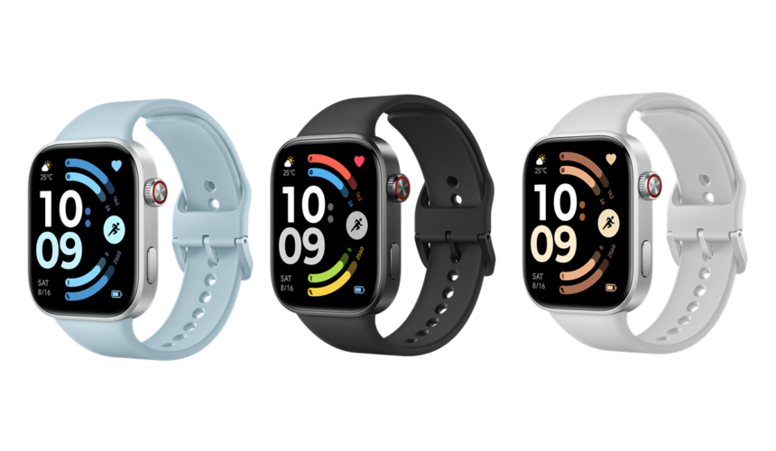Three Apple Watch devices with blue, black, and white sport bands displayed side by side on a black background, each showing a colorful smartwatch face and digital time readout.