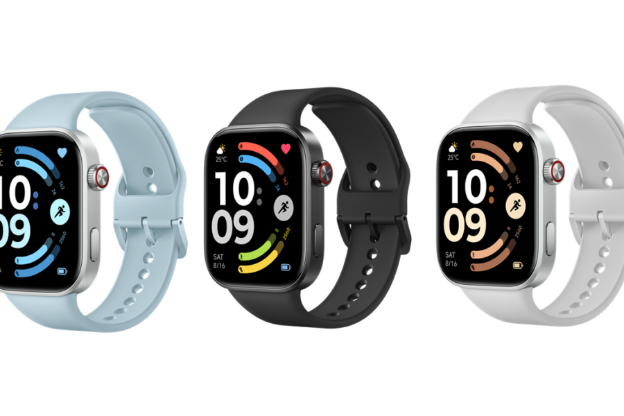Three Apple Watch devices with blue, black, and white sport bands displayed side by side on a black background, each showing a colorful smartwatch face and digital time readout.