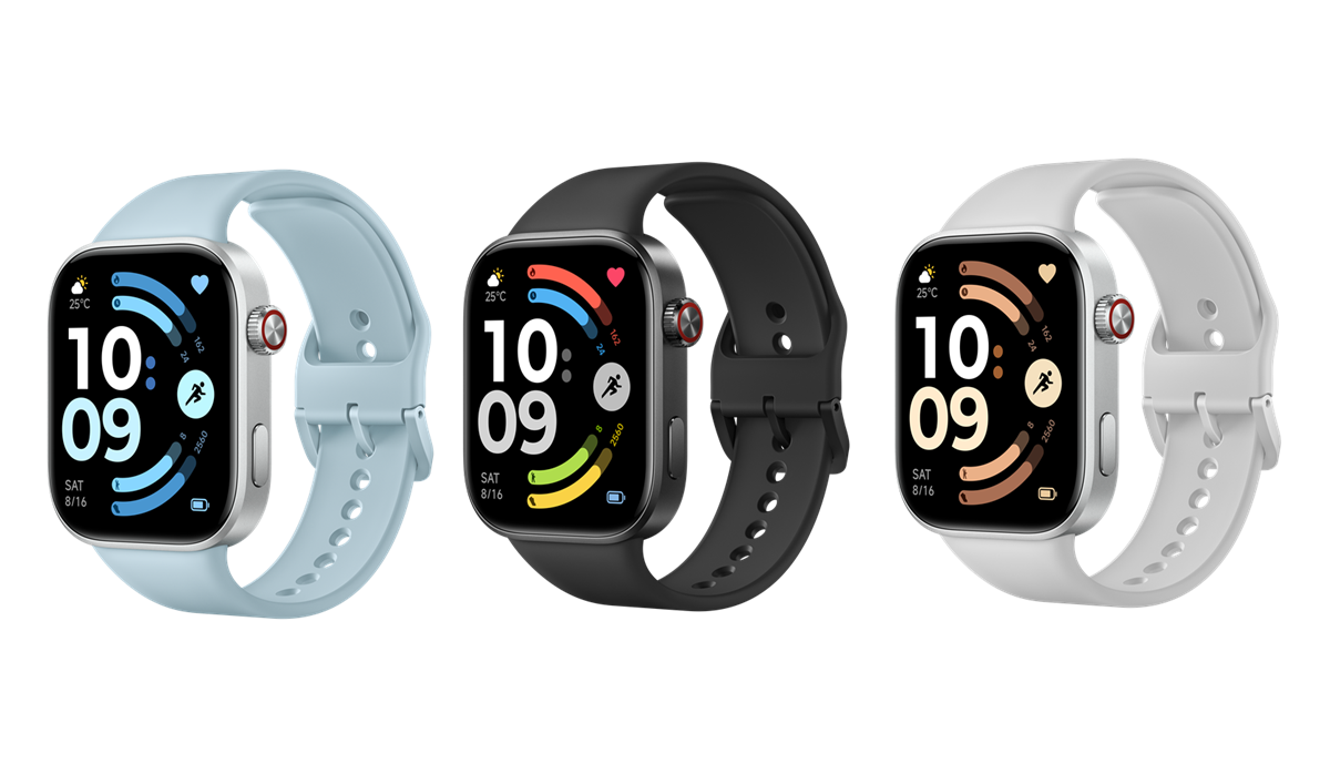 Three Apple Watch devices with blue, black, and white sport bands displayed side by side on a black background, each showing a colorful smartwatch face and digital time readout.