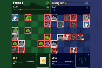Split-screen game UI: Forest level on the left and Dungeon level on the right, each with a grid of cards, red-framed enemies, and status bars at the top.