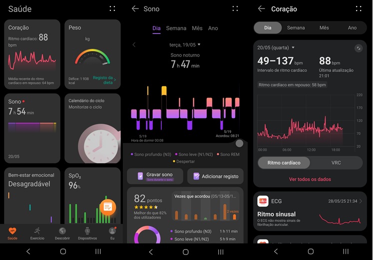 Three dark-mode mobile screens of a health app: left shows heart rate and sleep data, middle shows sleep duration and a colorful activity graph, right shows daily heart-rate and rhythm/ECG panels.