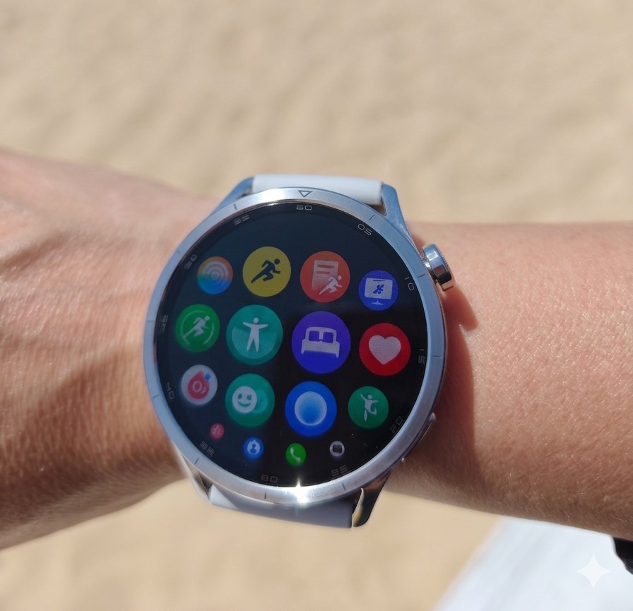Round smartwatch on a wrist displaying colorful app icons on its screen in an outdoor setting