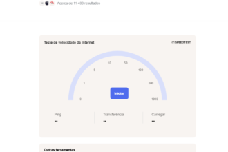 Painel de teste de velocidade da Internet nos resultados de busca, com medidor semicircular e botão Iniciar no centro da tela.