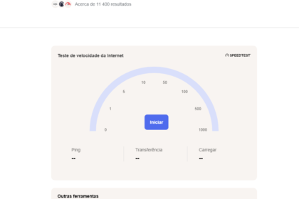 Painel de teste de velocidade da Internet nos resultados de busca, com medidor semicircular e botão Iniciar no centro da tela.
