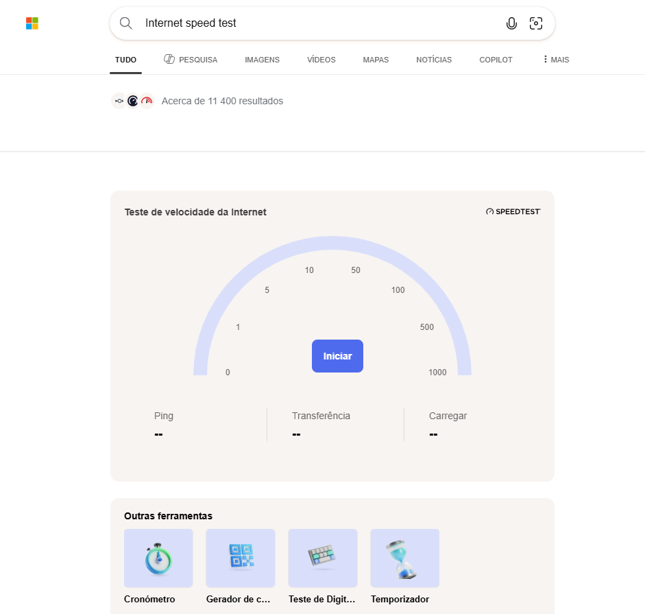 Painel de teste de velocidade da Internet nos resultados de busca, com medidor semicircular e botão Iniciar no centro da tela.