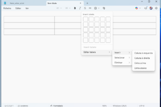 Screenshot of a document editor with a floating 'Insert table' dialog showing a grid of cells to choose table size, plus a secondary menu with options to insert columns/rows (Coluna à esquerda, Coluna à direita, Linha acima, Linha abaixo).