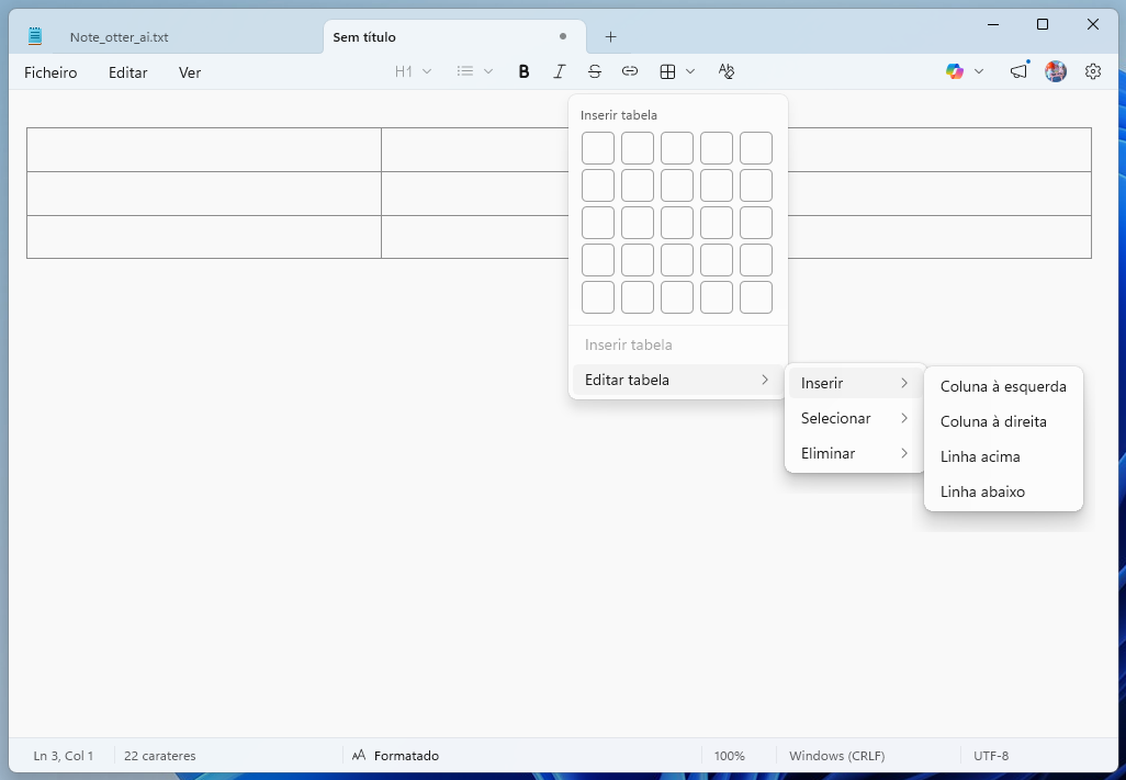Screenshot of a document editor with a floating 'Insert table' dialog showing a grid of cells to choose table size, plus a secondary menu with options to insert columns/rows (Coluna à esquerda, Coluna à direita, Linha acima, Linha abaixo).