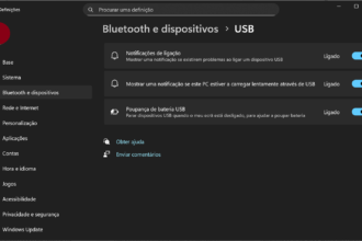Página de Configurações do Windows: Bluetooth e dispositivos, seção USB, com três opções de notificação e interruptores ligados